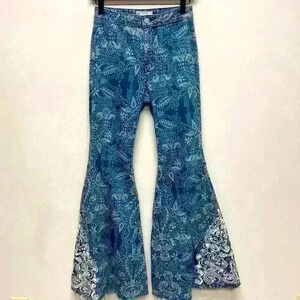 Free People Blue Floaty-Dot High Rise Raw Edge Just Float On Flare Jeans 27 Boho
